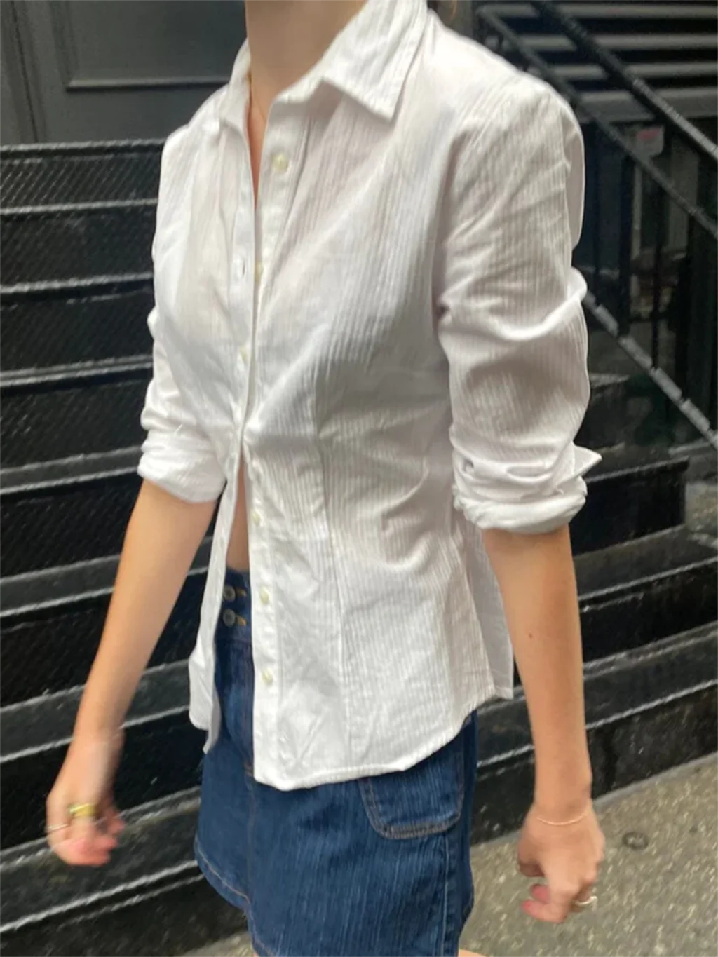 White Striped Slim Shirts Women Spring Turn-down Collar Cotton Single Breasted Blouse Fashion Sweet Solid Long Sleeve T-shirts