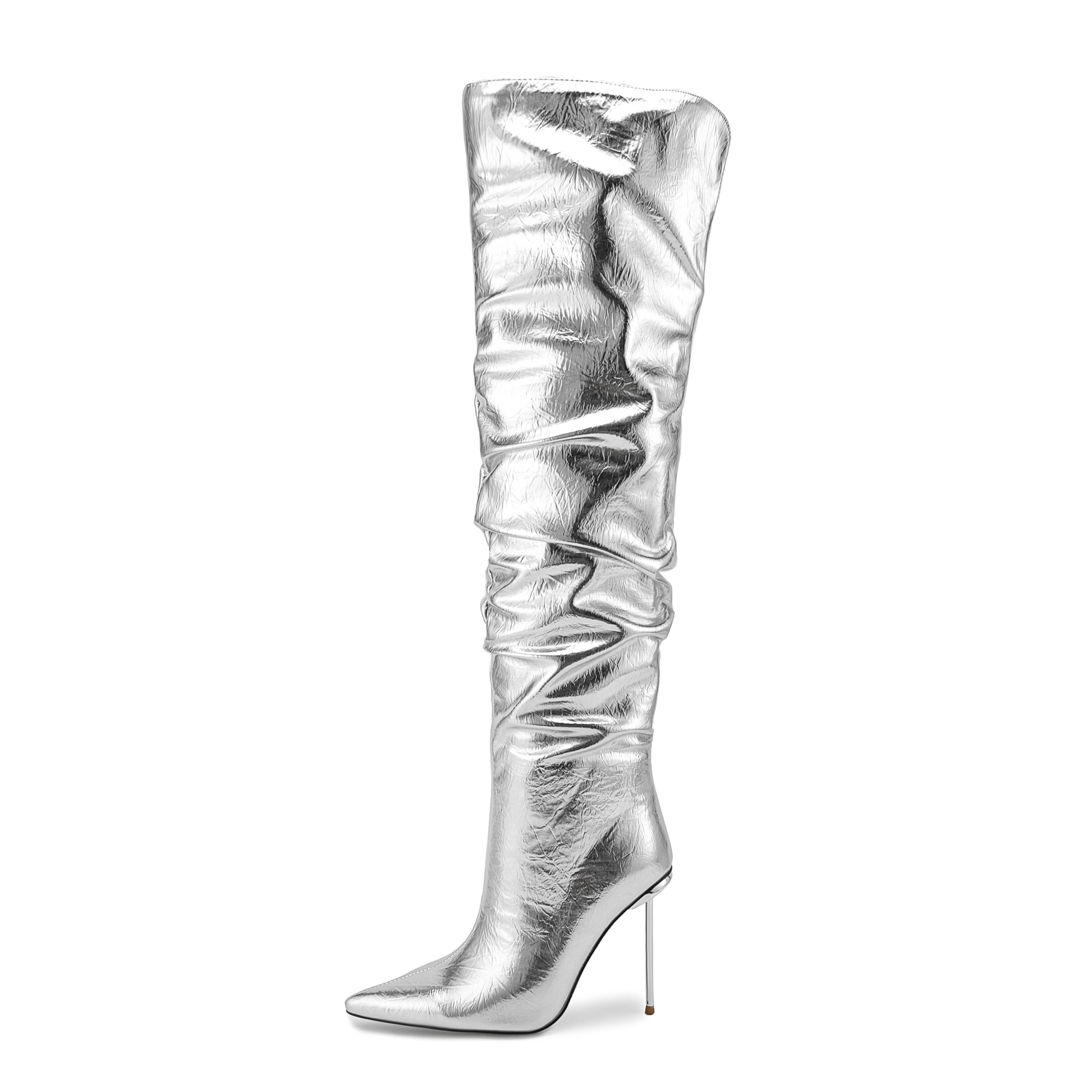 

Arden Furtado 2024 Winter Woman's Silver metallic leather Thigh high boots Pointed toe Side zipper Super high heel Modern boots