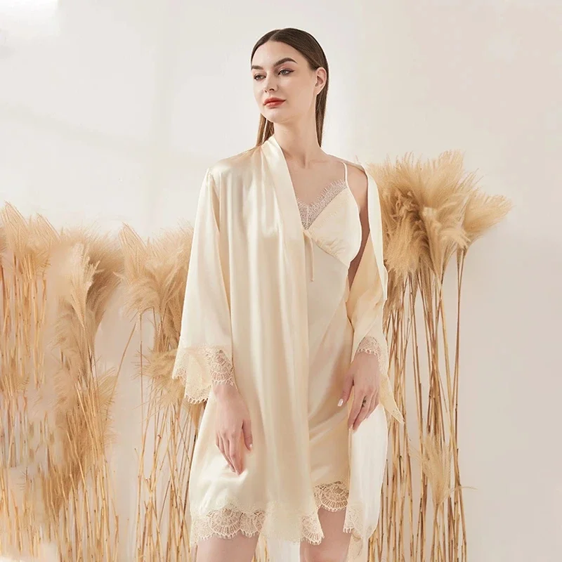 19MM Real Silk Slip Dress and Bathrobe Two Piece Set Lace Sexy 100% Mulberry Silk Kimono Morning Gown with Camisole Nightdress