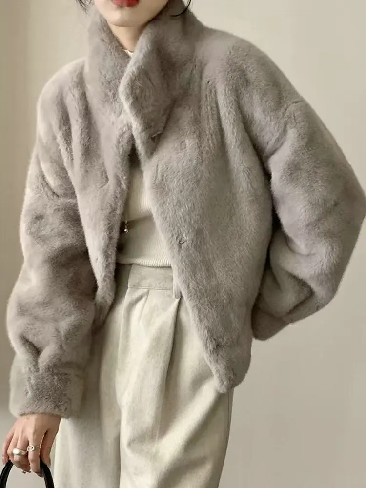 Fluffy Loose Faux Fur Jackets for Women, Female Luxury Coats, High Quality, Thick, Warm,Gray, Beige,Side Pocket, Elegant, Winter