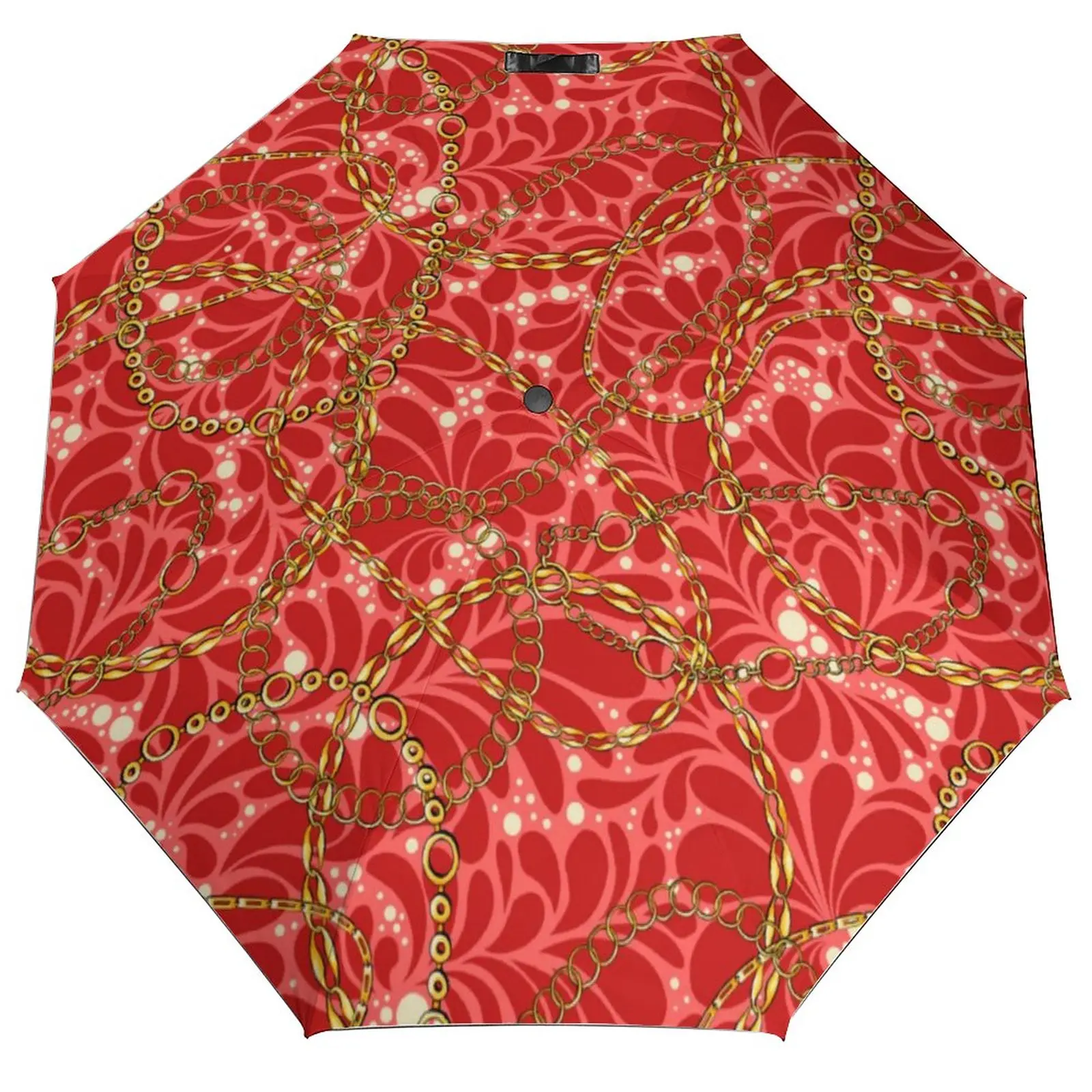 Gold Chain Print 3 Fold Non Automatic Umbrella Red Floral UV Protection Umbrella Portable Wind Resistant Umbrellas for Female