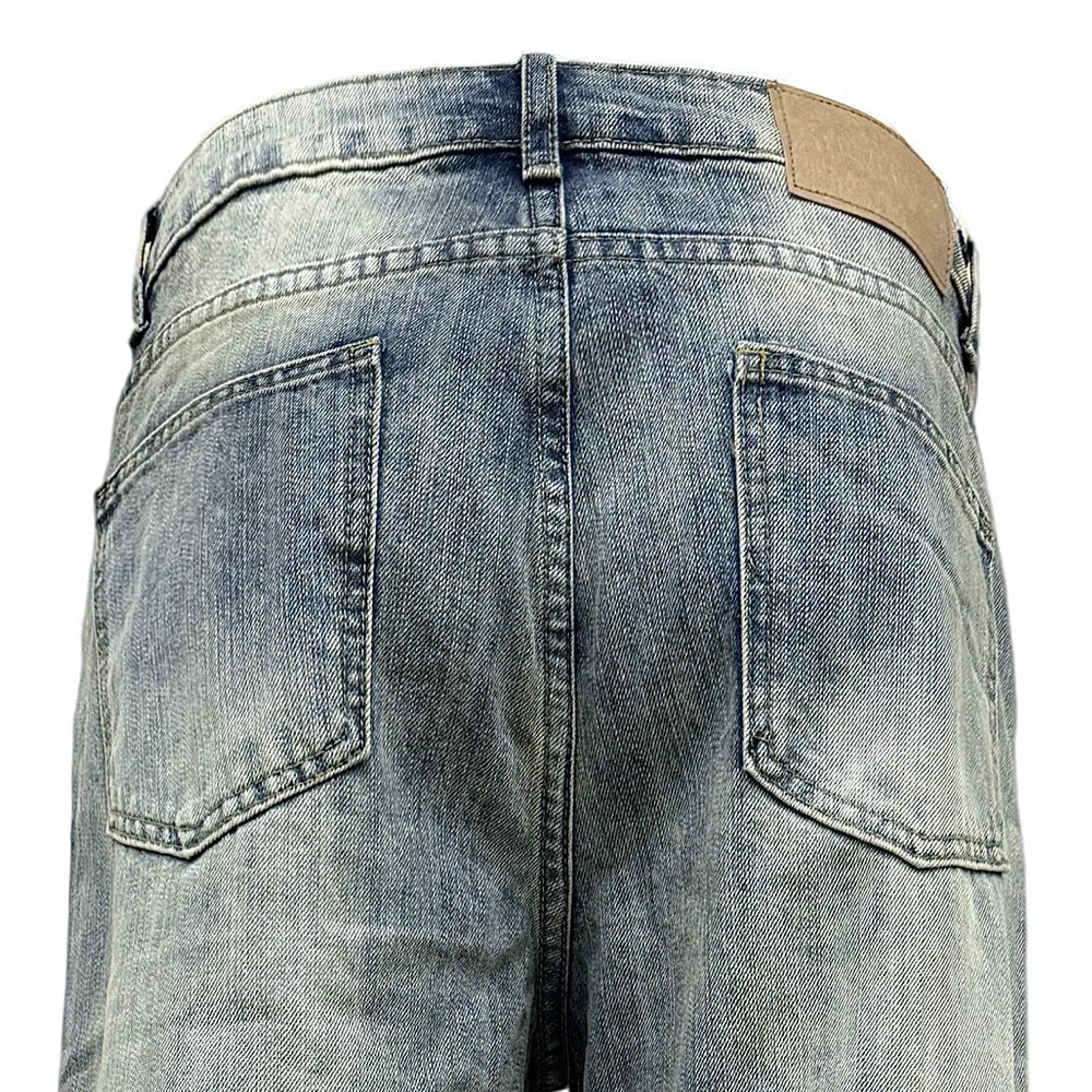 MWJLPWQ Whisker Frayed Multi Rip Hole Flare Jeans Men's Wash Detail Stack Hem Unisex Vintage Street Autumn Denim Trousers 17177