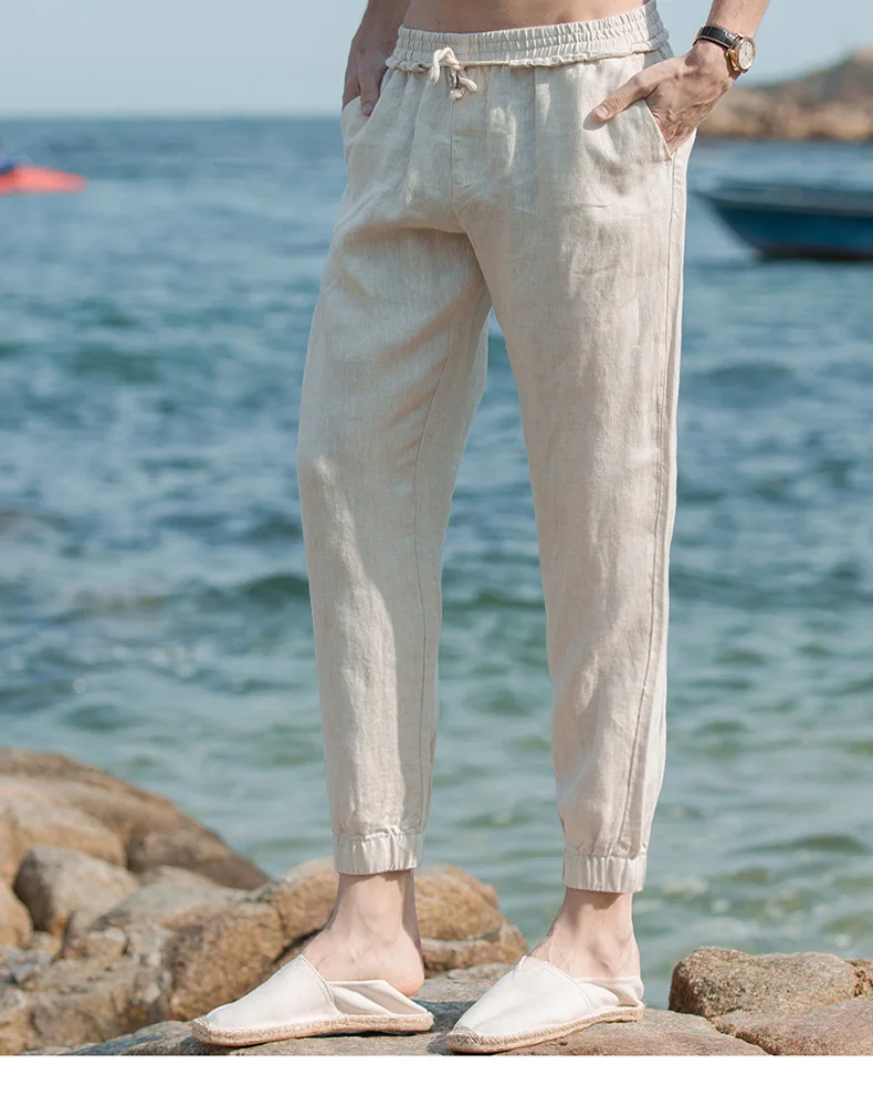 

Harlan linen casual pants for men summer with elastic tie up leggings cropped pants cotton linen slim fitting pants, men's trend