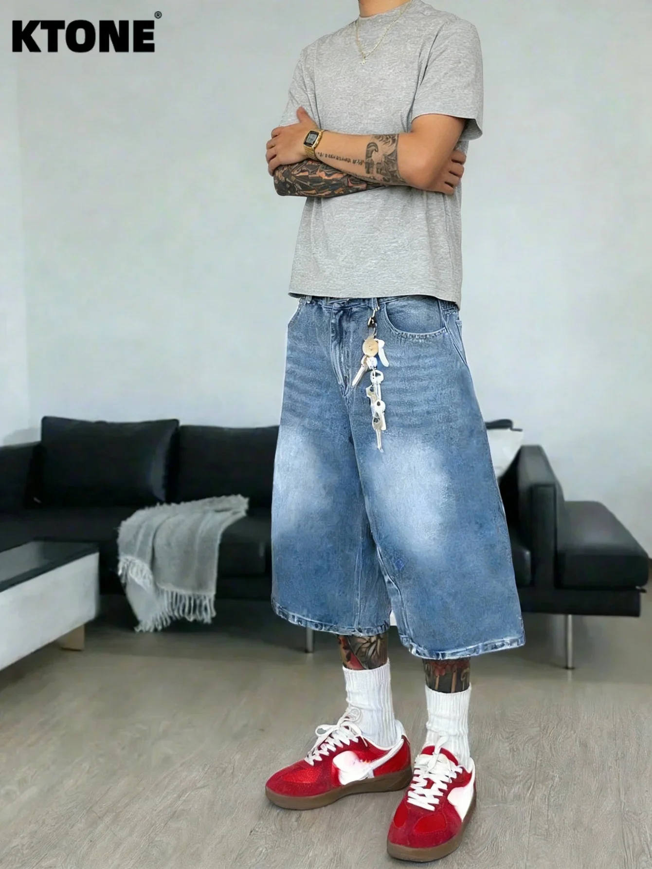 Фото Свободные синие джинсовые шорты без стрейча для мужчин: повседневные, удобные, легкие, в простом стиле, для лета - фото товара