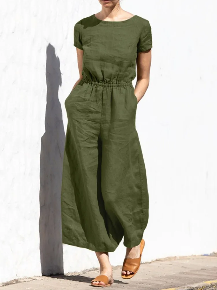 Fashion Buttoned Women Wide Leg Pant Jumpsuit Summer Solid Round Neck Short Sleeve Pocket Playsuit Ladies Loose One-Piece Pants