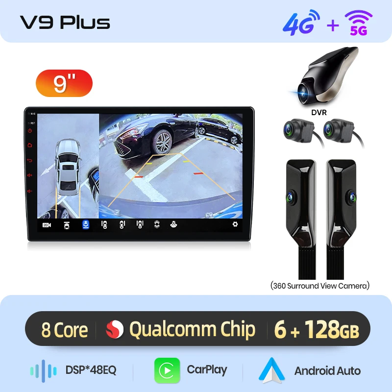 Junsun Qualcomm 8-Core 360 graden camera universele stereo 7" 9" 10" autoradio draadloze CarPlay Android Auto IPS touchscreen multimediaspeler slimme intelligente systemen 2 Din head unit autoradio