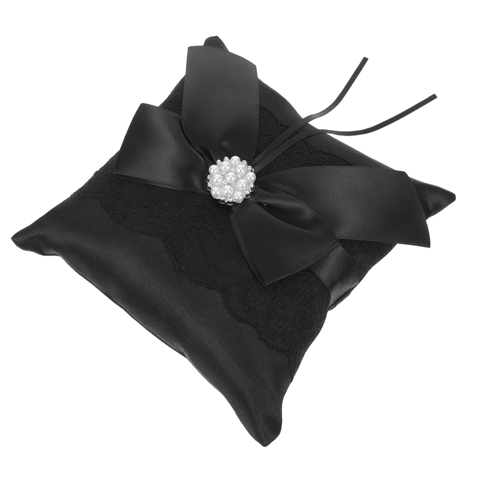 Black Ring Bearer Pillow Elegant Wedding Ring Cushion Faux Peral Engagement Pillow with Ribbon Modern Wedding Ceremony