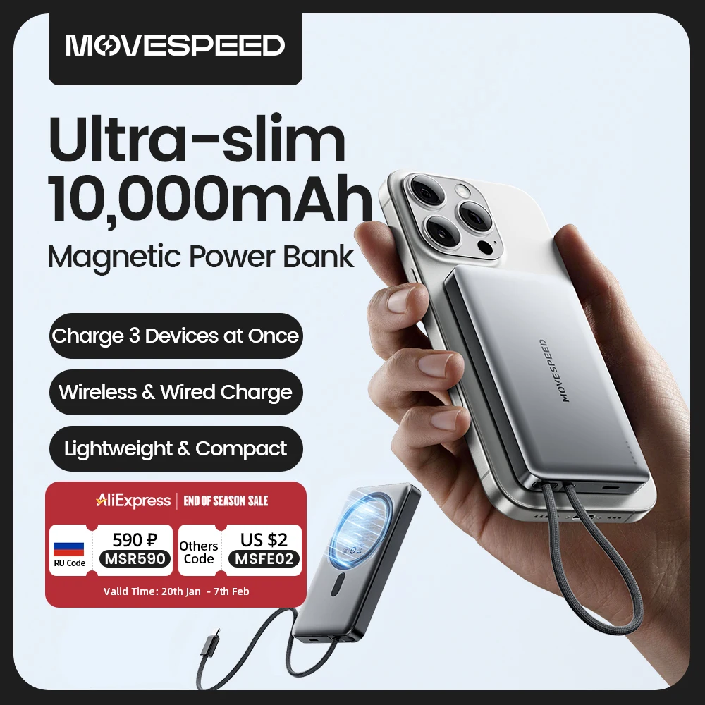 MOVESPEED S10Plus Magnetic Power Bank Wirelss 10000mAh Slim External Battery with Cable for MagSafe Powerbank for iPhone Samsung