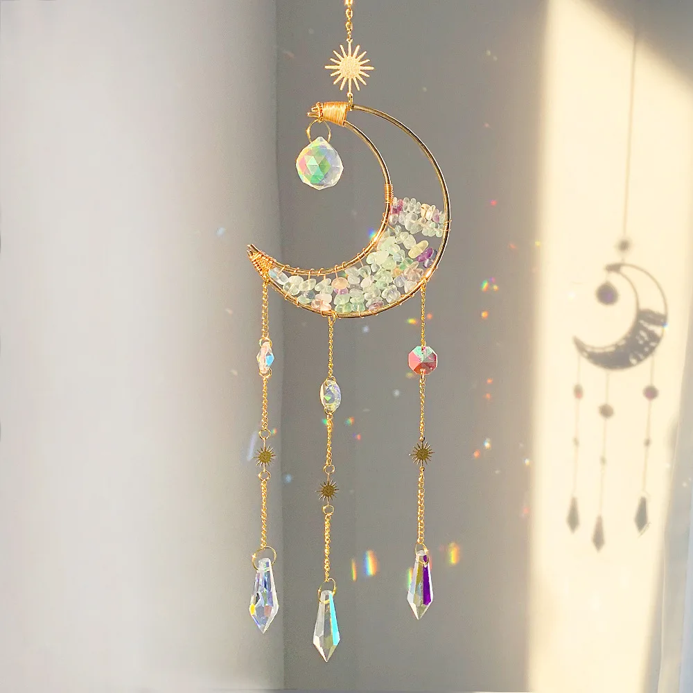 Custom Fluorite Chip Stone Crescent Moon Sun Catcher - Glass Pendants Hanging Ornament for Window Decor
