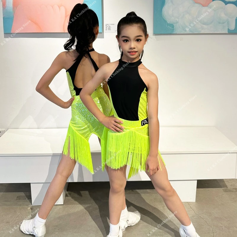 

New Children's Rumba Cha Cha Samba Latin Dance Dress for Girls Ballroom Dancing Dresses Tassel Skirt Fringe Latin Practice Dress