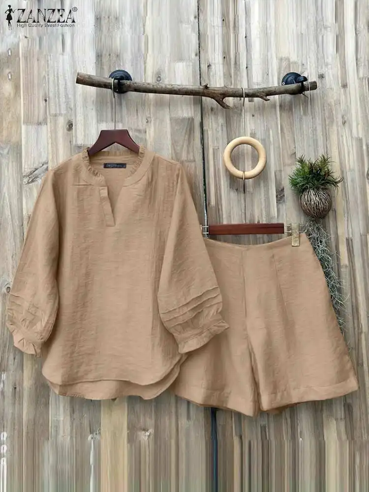 ZANZEA Holiday 2024 Summer 2pcs Outfits Casual Solid 3/4 Lantern Sleeve Top Loose Suits Women Elastic Waist Shorts Short Sets