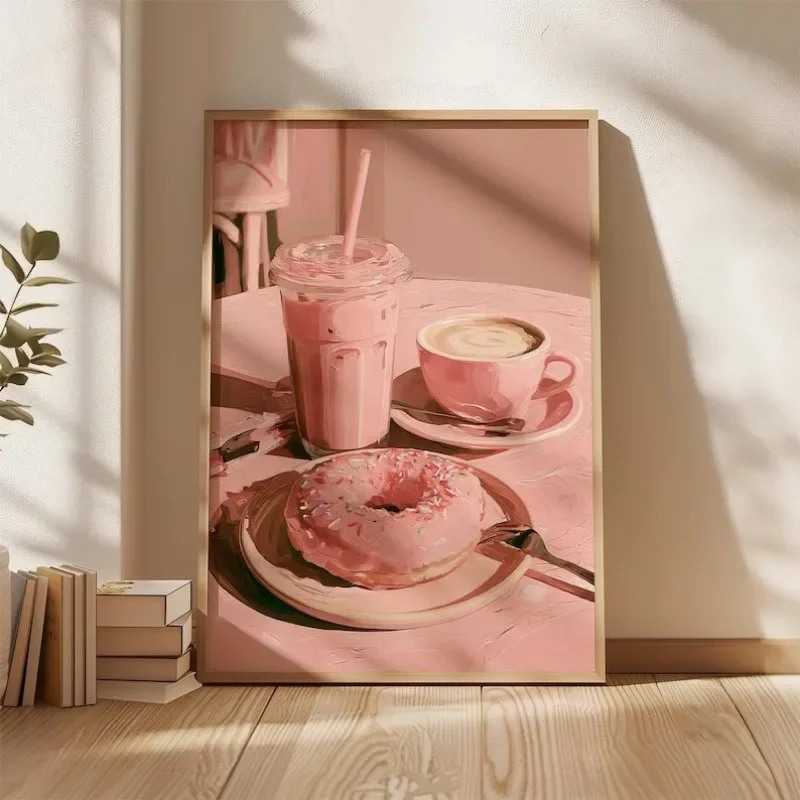 2026 Pink Coffee and Bakery Dessert Poster Cinnamon Roll Donut Cake Canvas Painting Romantic Wall Art Cafe Shop Kitchen Home