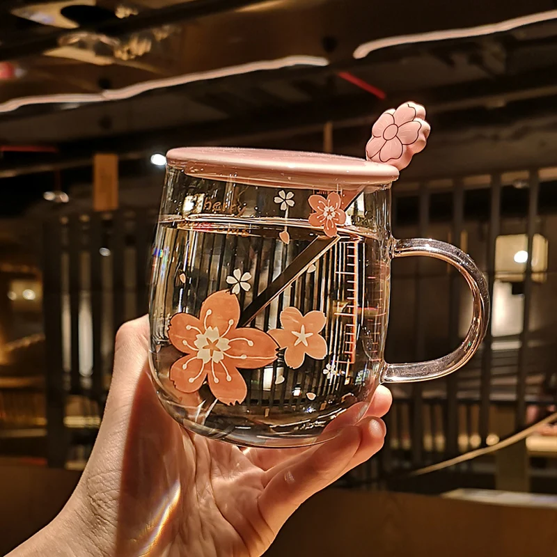 

Scale Large Volume Pink Cherry Blossom Clear Glass Pyreproof Breakfast with Lid and Spoon Milk Cup Milk Tea Cup Holiday Gift