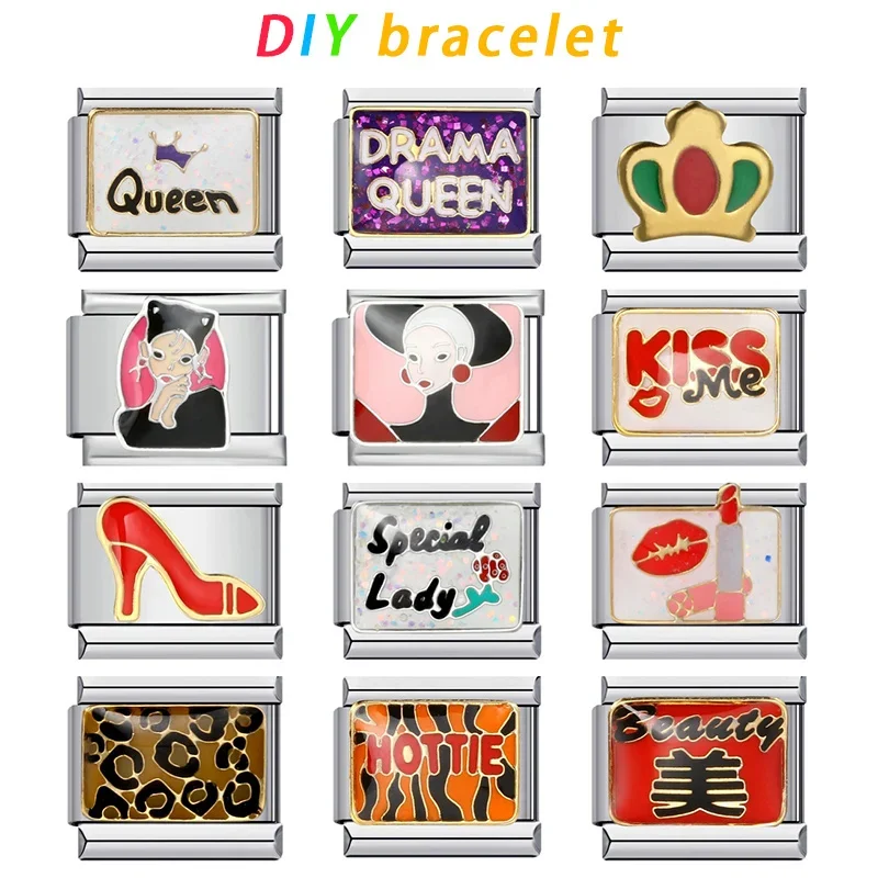 Girlish Women Sister Girls Queen Diva Colorful Glaze Charm Links Fit 9mm Bracelet Stainless Steel Making DIY Jewelry