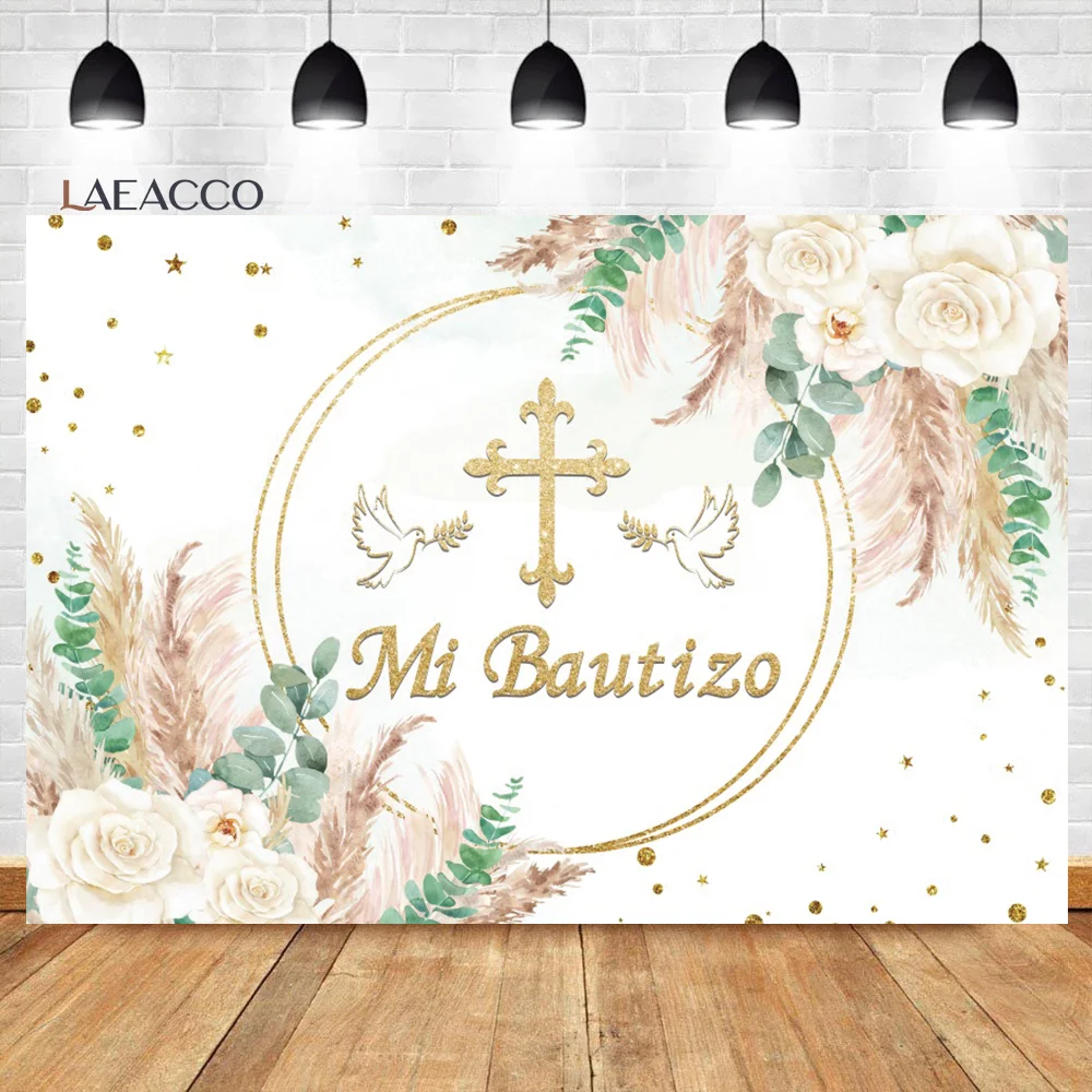 

Laeacco Mi Bautizo Baptism Backdrop White Floral Cross Dove Girl God Bless Holy Communion Portrait Custom Photography Background