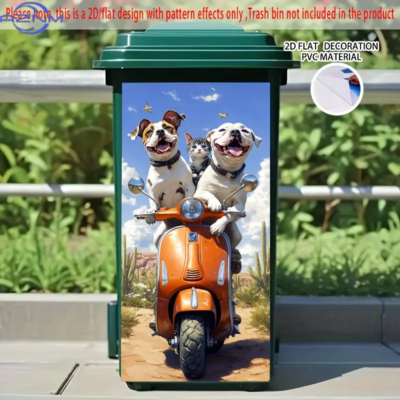 1pc 2D/FLAT Self-Adhesive Dustbin Sticker, 14.57×32.28inch, Dogs and Cats Riding Orange Scooter, Creative Sticker for Dustbin,