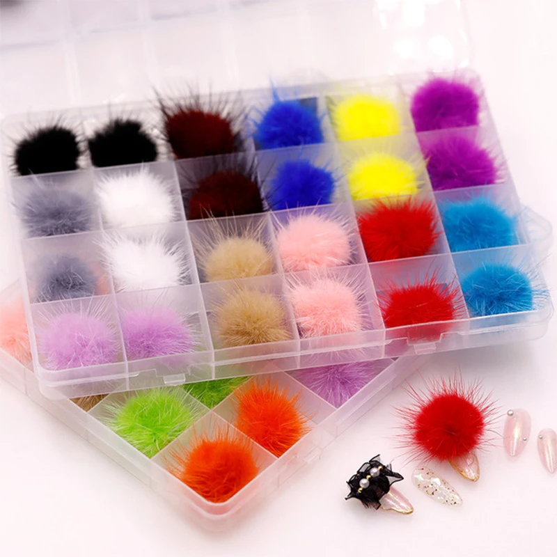 24PCS/Box Detachable Magnet Ball Fluffy 3D 12Colors 27*27mm Puffy Pom Pons Kit Jewelry Manicure Accessories DIY Nails Charms