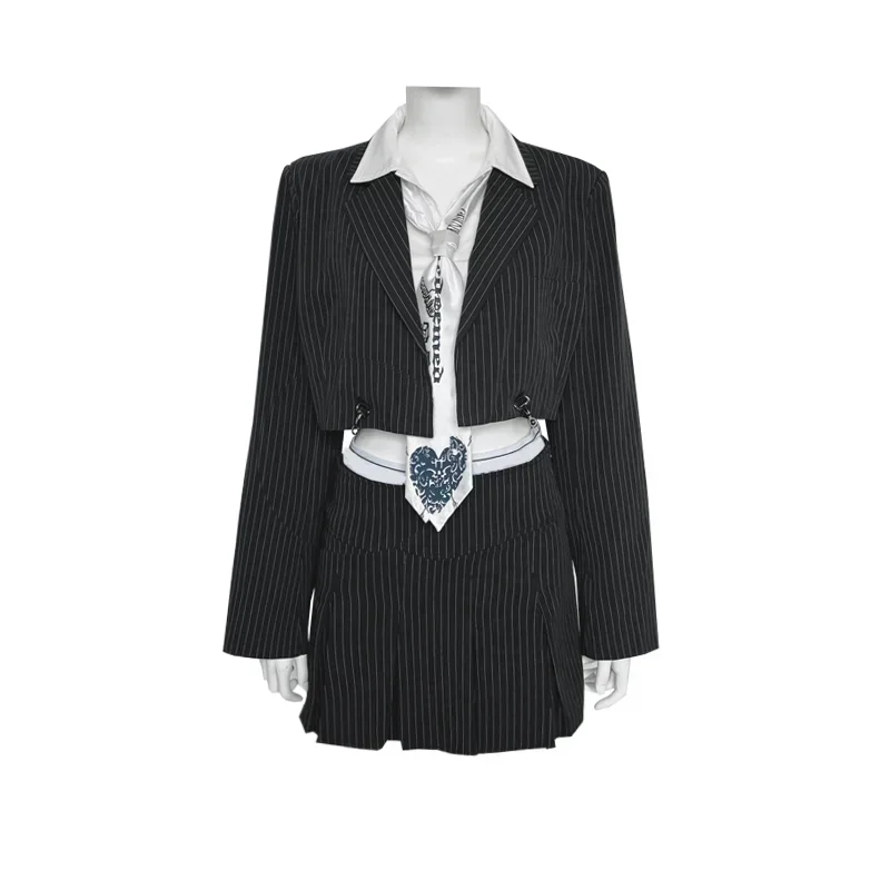 ملابس رقص مخططة لفتاة kpope ، تنورة صغيرة سوداء ، زي نسائي مثير ، مغنية فتاة kpope ، راقصة ، ملابس عرض المسرح ، Y2K