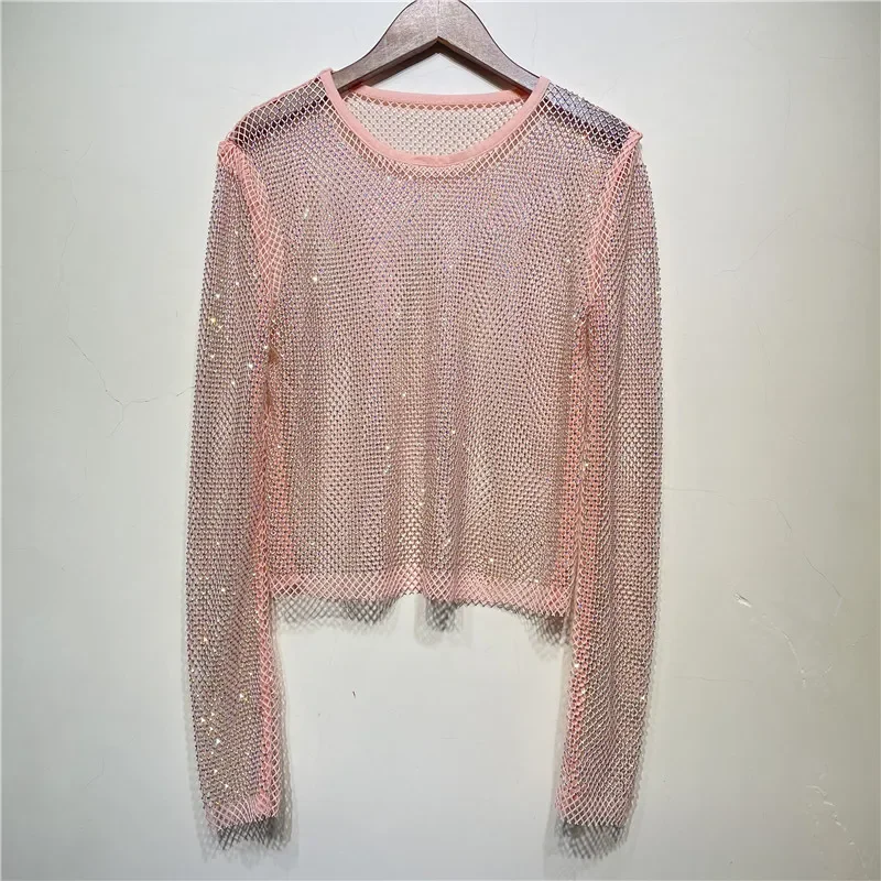 

Sexy Y2k Dimonds Shirt Bright Starlight Perspective Hollow Sparkling Colored Nightclub T Shirt Fish Net Round Neck Bottoming Top