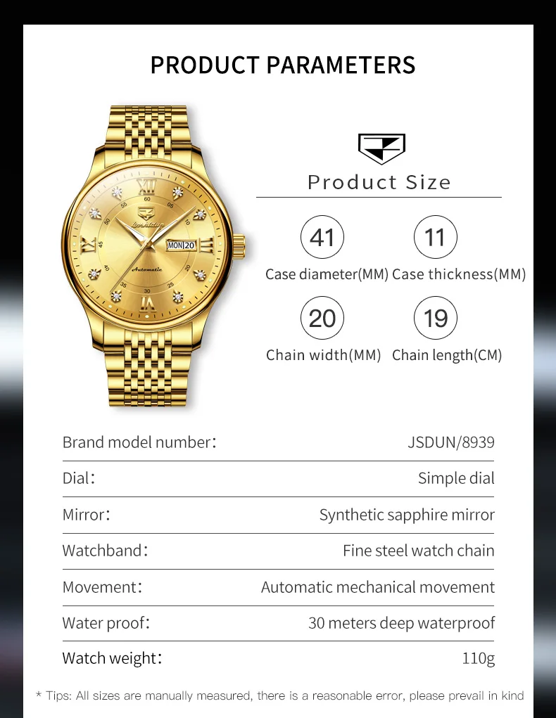 JSDUN Original Fashion Automatic Mechanical Watch for Men High Quality Luxury Gold Wristwatch Man Calendar Luminous Men\'s Watch