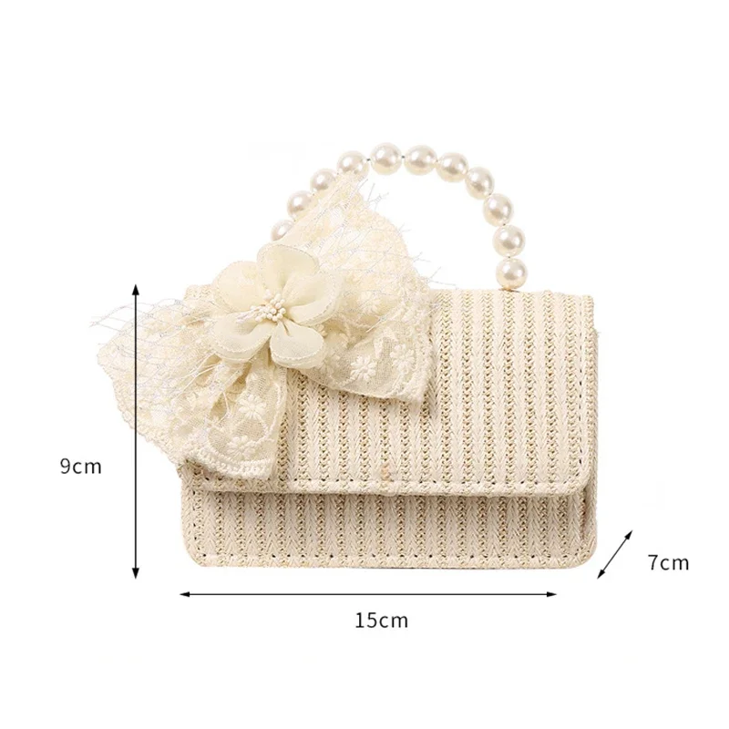 Cute Lace Bow Flower Children Straw Shoulder Bag Simple Pearl Mini Handbag Fashion Princess Coin Purse Women Girls Messenger Bag