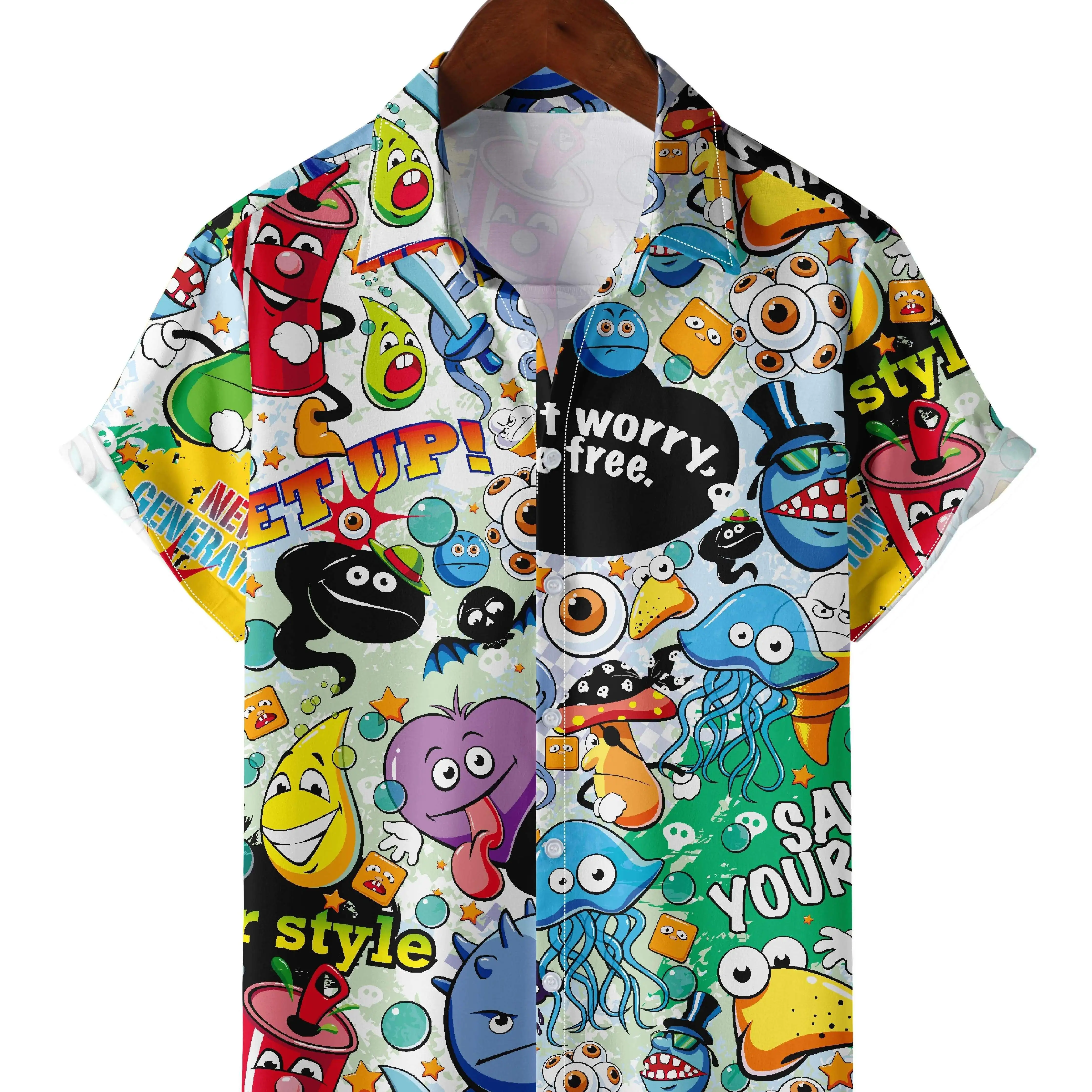 Chemise hawaïenne à imprimé dessin animé coloré, chemise boutonnée à manches courtes, chemise de plage, été décontracté, rentabilité, ha