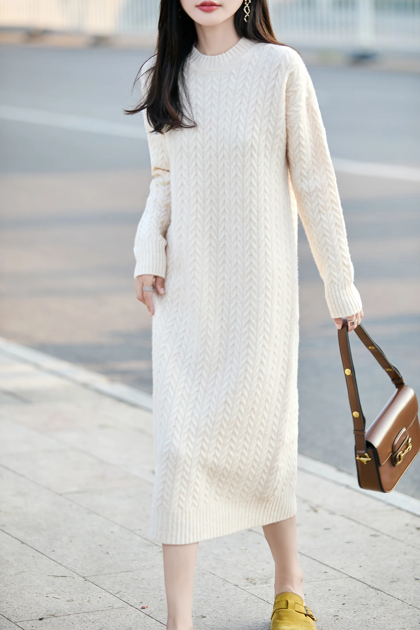 

High neck Fried Dough Twists knitting dress women's medium long loose long sleeve bottomed sweater skirt