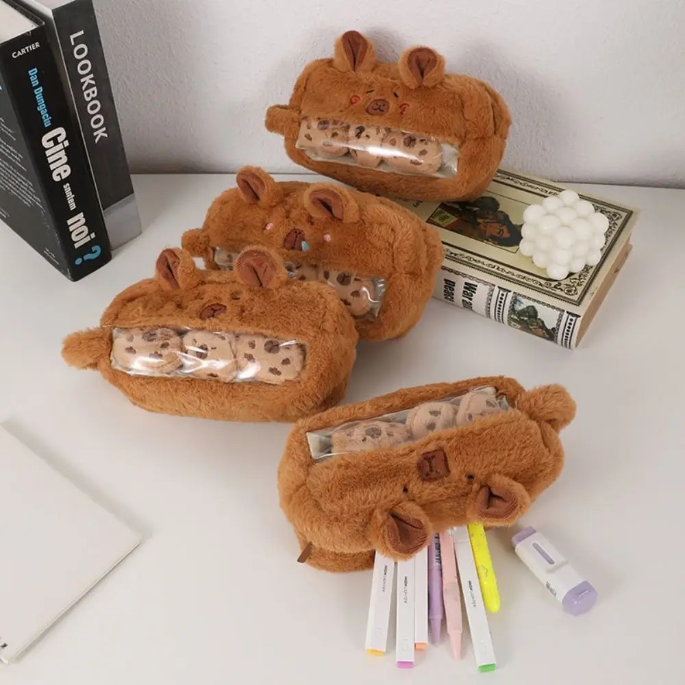 Capybara-Bolsa de pluma de peluche suave creativa, bolsa de lápices de dibujos animados, bolsa de papelería Kawaii de animales, estudiante