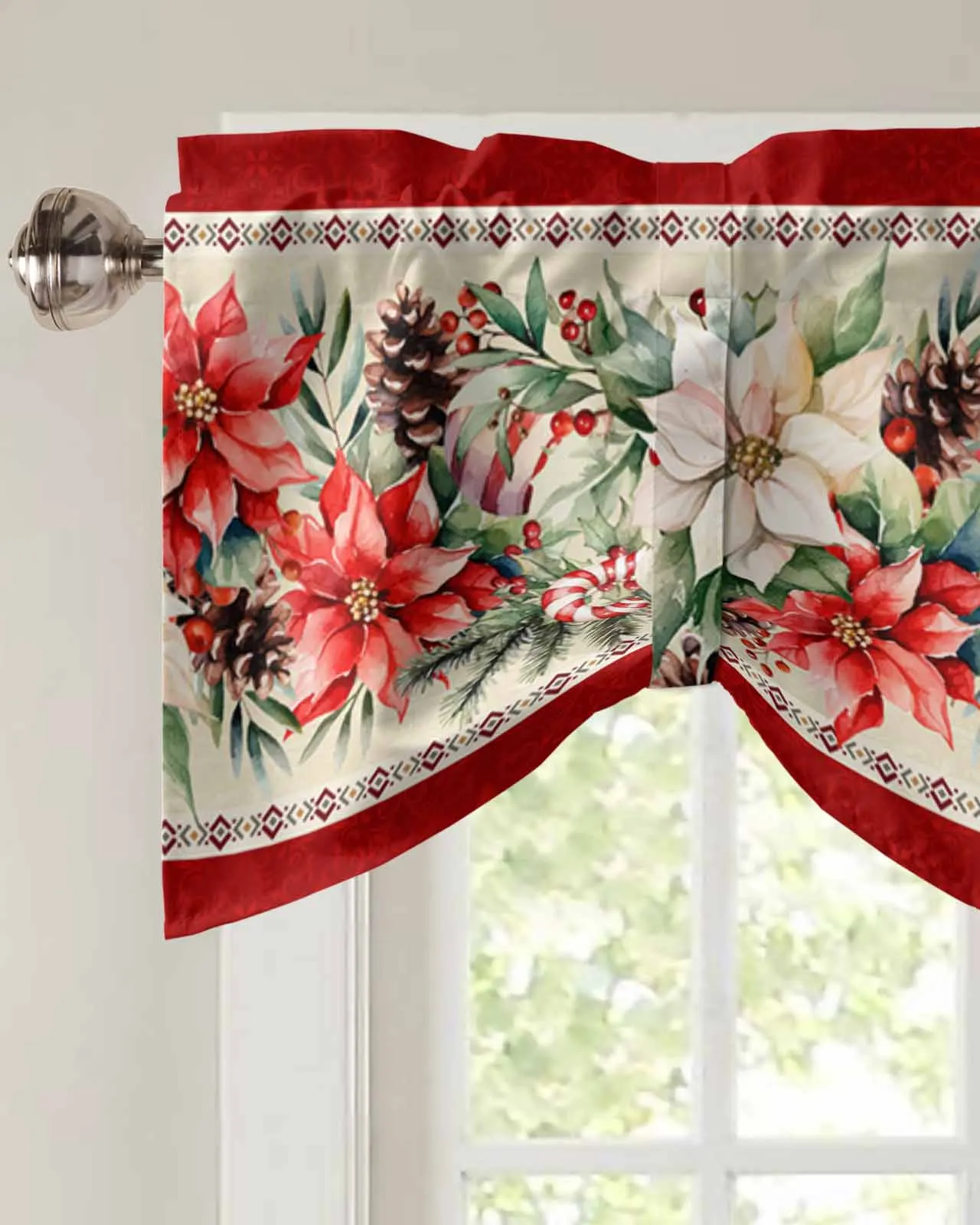 Christmas Poinsettia Berries Cedar Leaves Pine Cones Short Window Curtain Kitchen Cafe Cabinet Tie up Drapes Bedroom Home Decor