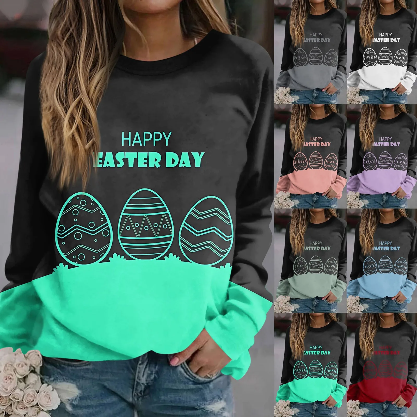 happy Easter Women Sweatshirt eggs Print Female sweater 2024 Fashion Girl Easter Shirt Women's clothing Long Sleeve