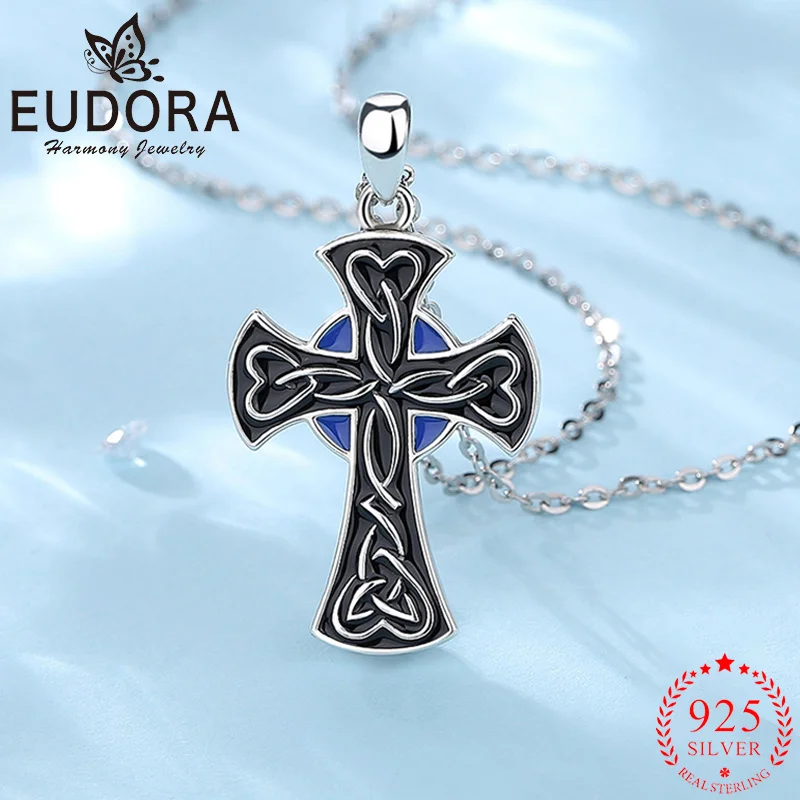 Eudora 925 Sterling Silver Celtic Cross Necklace Personality Black Enamel Pendant Punk Style Jewelry Party Gift For Men Women