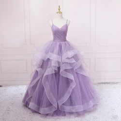 New Purple Sequined Evening Dresses Luxury Robe De Soiree V-neck Party Dress Elegant Spaghetti Strap Prom Dress Plus Size