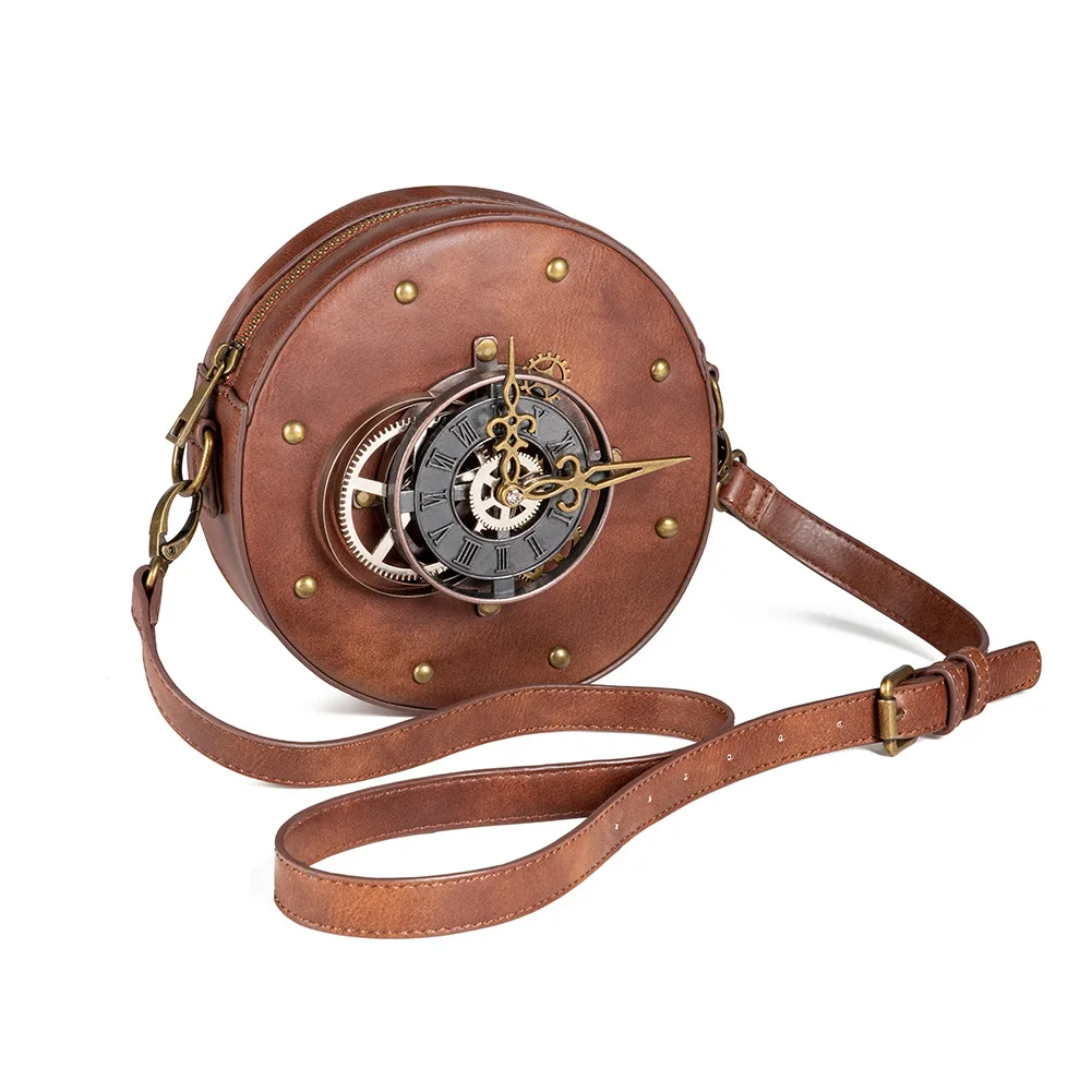 Bolso de un solo hombro Steampunk para mujer, bolso de mensajero de cuero Pu, bolso de motocicleta redondo Retro, cartera, bolsos cruzados