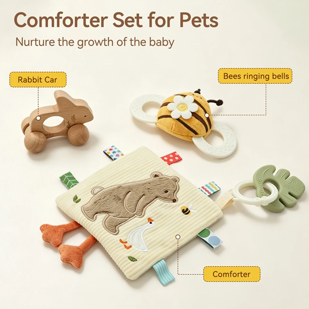 Bear Security Blanket Bee Rattle Wooden Bunny Push Toy 3 Piece Set Sensory Exploration Fine Motor Skills Newborn Gift Box Set