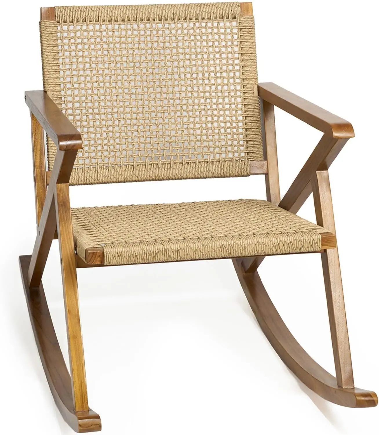 

Teak rocking chair with rattan seat, suitable for terraces, porches, gardens, living rooms, daycare centers, balconies