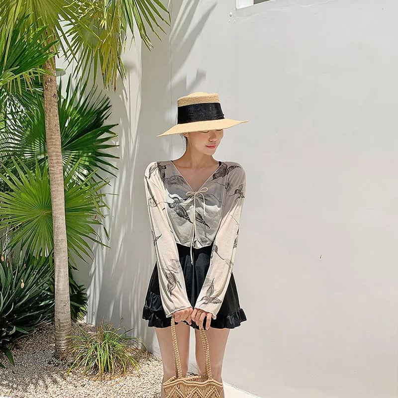 2026 Hot Girl 2-Piece Swimsuit Set Women's Modest Tummy Control Slimming One-Piece with Sun Protective Halter Cover-Up