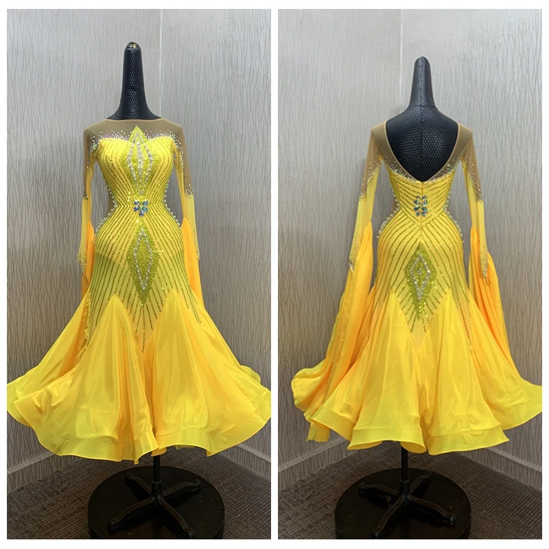 

GOODANPAR New Standard Ballroom Dance Dress Women Girls Competition Costume Lycra Waltz Stage yellow long-sleeve