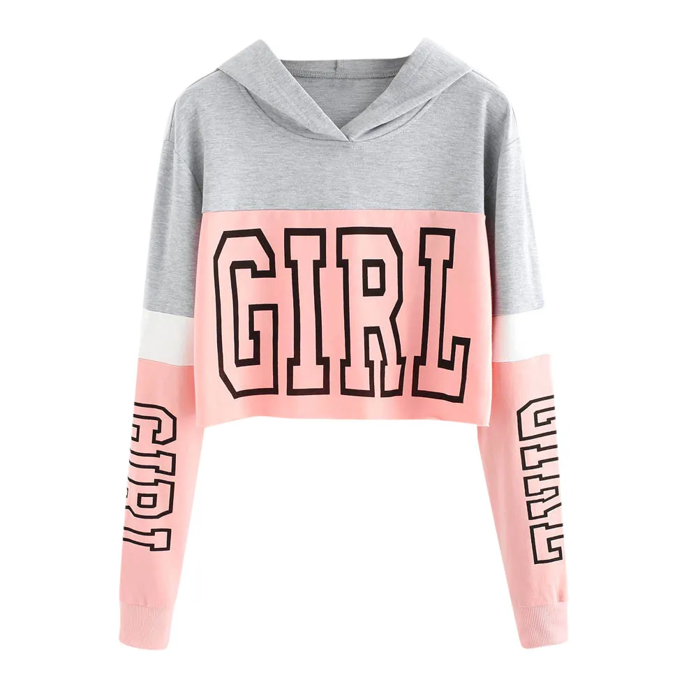 

Women Letters Printing Long Sleeve Hoodie Sweatshirt Hooded Pullover Crop Tops Blouse Pullover Teen Girls Harajuku Streetwear