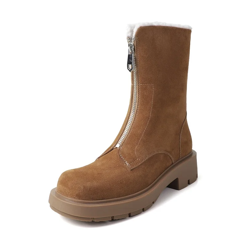 

Womens Snow Boots Round Toe Cowsuede Ladies Shoes 4.5 CM Real Leather Front Zip Winter Botas Fashion Girls Short Ankle Boots