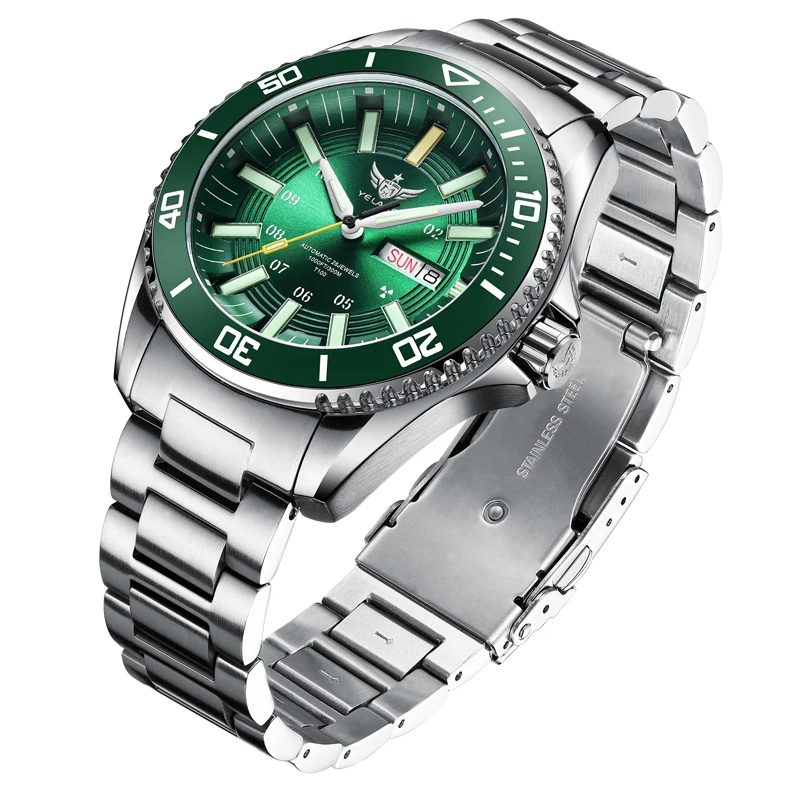 Yelang V1032 44mm Gas Glow Green Water Ghost Japan NH36 Fully Automatic Mechanical Watch 30Bar Super 300m Waterproof Reloj