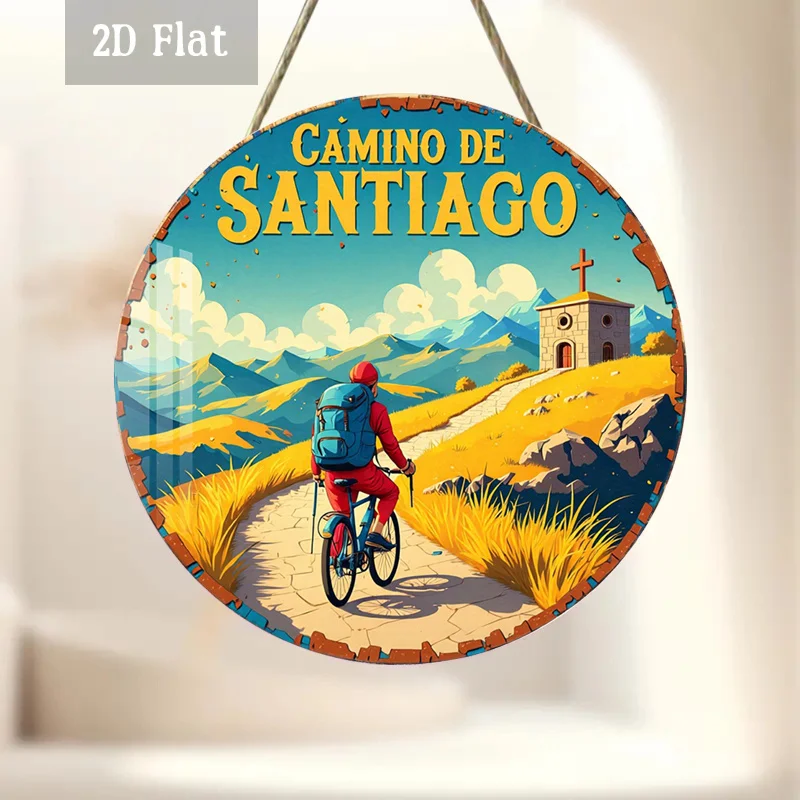 2D Flat - 1pc Camino De Santiago Woodblock Printing Decoration, Pilgrimage Art Wooden Panel Wall Decoration, Adventurous Journey