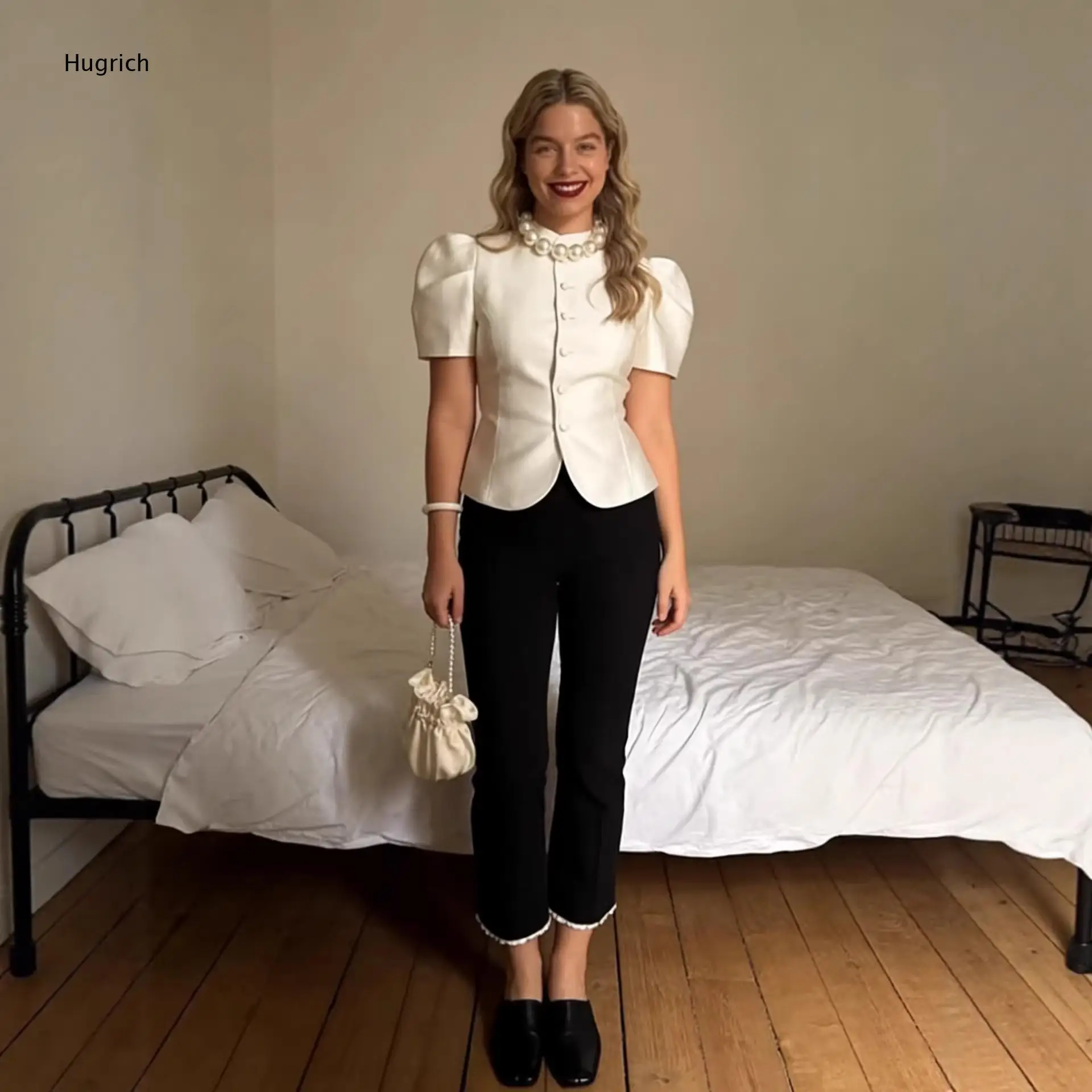 Vintage Elegant Blouse Pearl Stand Collar Short Sleeve Fitted Hem Single Breasted Shirt for Office Date Daily Wear