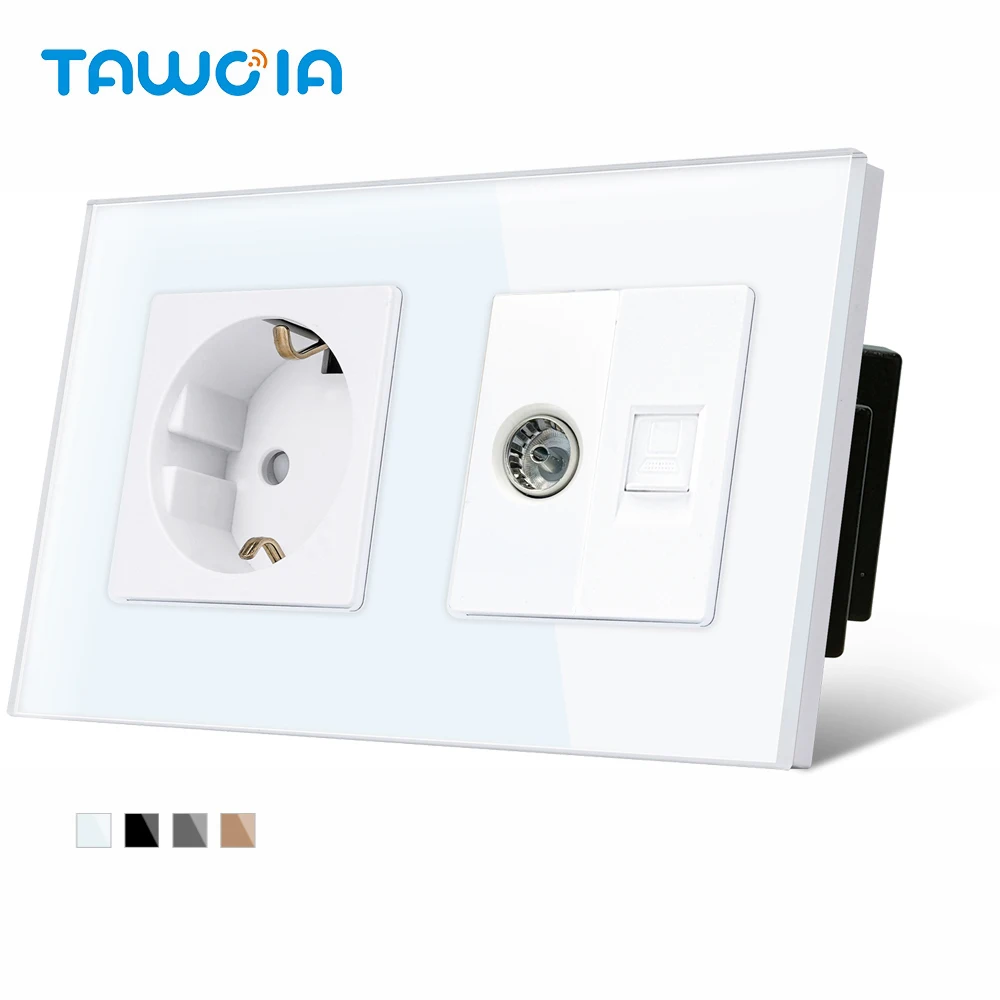 TAWOIA Wall Power Socket TV PC EU Standard 16A Socket Outputs Socket Black White Glod Grey Crystal Glass Panel 157mm 110V-250V