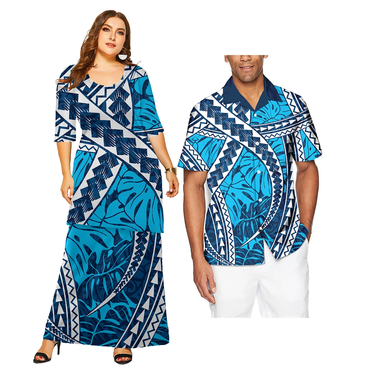 Drop Ship Lovers Clothing Custom Polynesian Tribal His-and-Hers Clothes Casual Women Short Sleeve Dress & Men Shirt Couples Suit