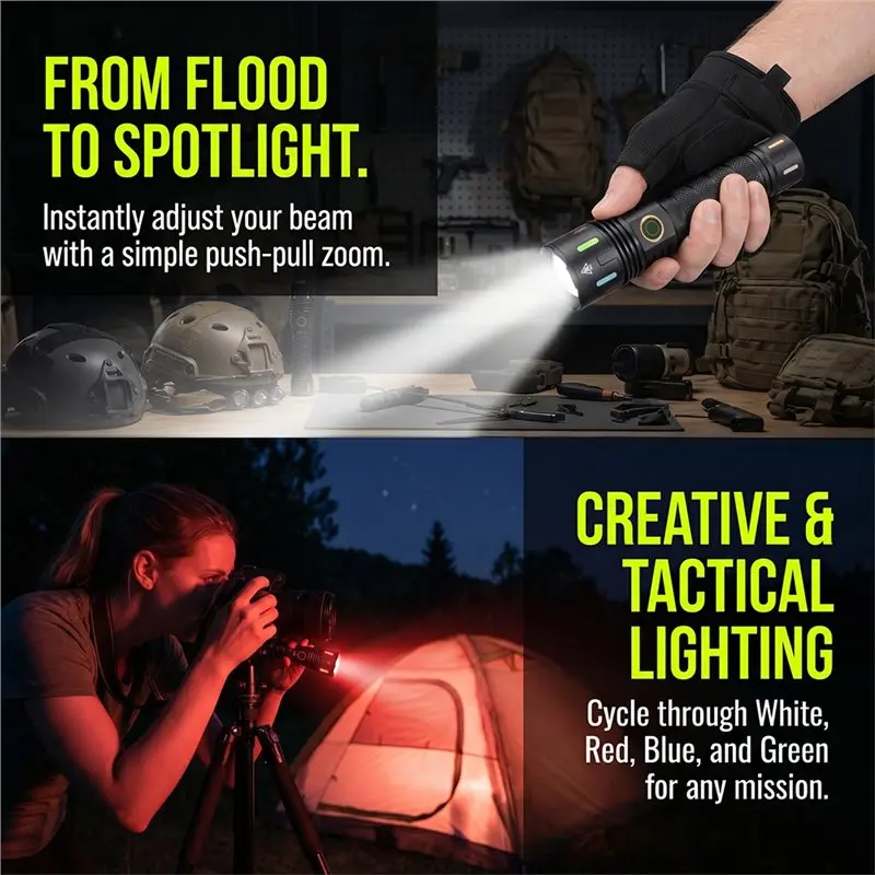 BMBY-Outdoor RGB LED Flashlight Zoom Blue Green Red Lamp USB Rechargeable Fishing Camping Hunting Selfie Fill Light Torch