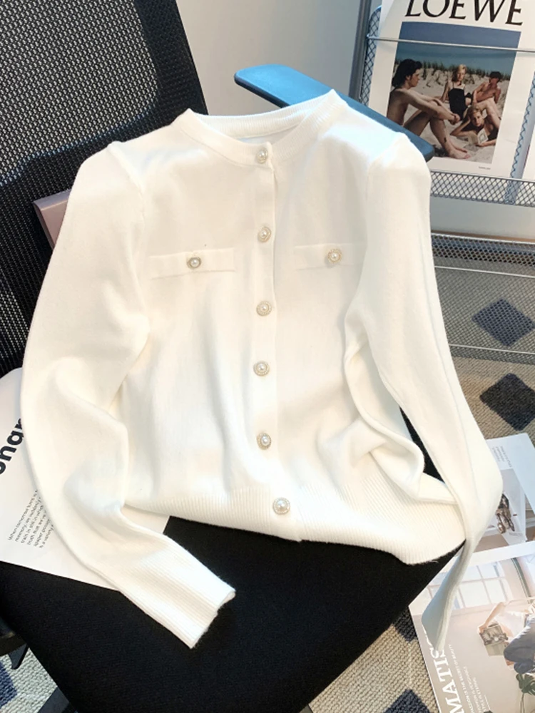 Роскошный женский кардиган с жемчужными пуговицами, корейский модный вязаный тонкий жакет с длинным рукавом, осенний шикарный женский свитер, джемпер