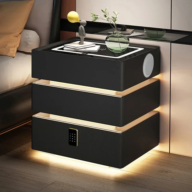 

Bedside Table Multifunctional Password Lock Bluetooth Audio Three Layer Floating Cabinet With Light Storage Locker Nightstands