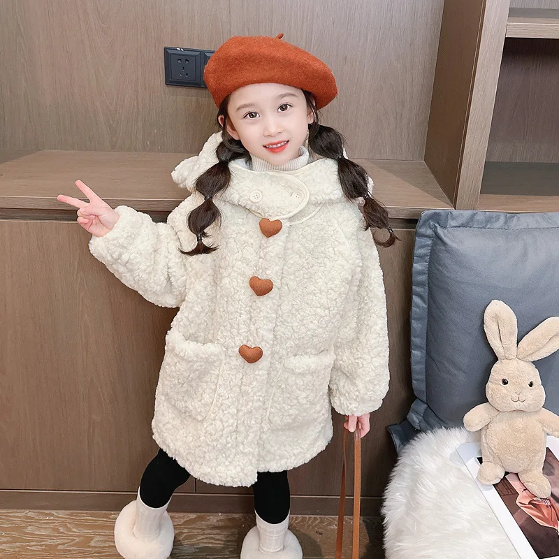 2-8Y Girls Lamb Wool Jacket Solid Color Lining Plush Thick Warm Single Breasted Hooded Coats For Girls Fashion Woolen Overcoat