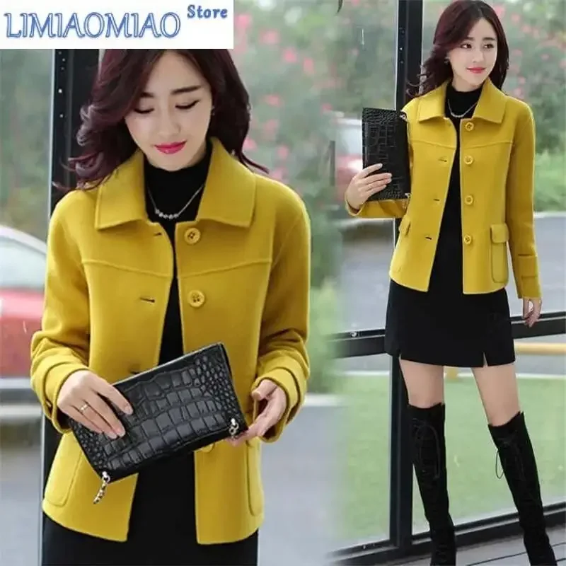 New Women Solid Color Woolen Coat Short Autumn Square Collar Woolen Jacket Femme Single Breasted Tops Female Outwear Black