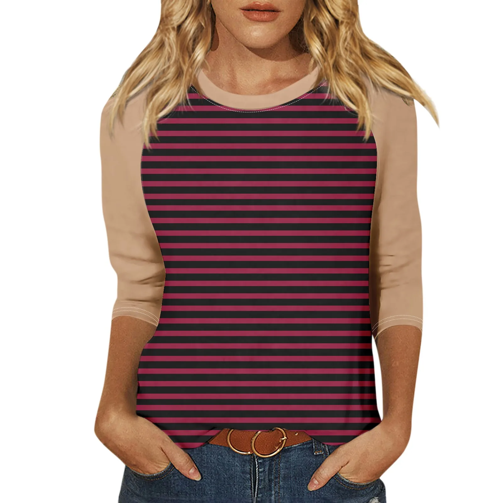 تي شيرت نسائي كاجوال بأكمام رجلان ، رقبة مستديرة ، توبات بأكمام ، ربط مخطط فضفاض ، أساسي يومي ، موضة جديدة